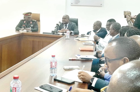 Prof. Ahmed Jinapor (2nd from left), Director-General,  Ghana Tertiary Education Commission, addressing the GAF delegation led by Lt General Oppong Peprah (left), Chief of the Defence Staff of the Ghana Armed Forces, at the meeting in Accra. Picture: Severious Kale-Dery  