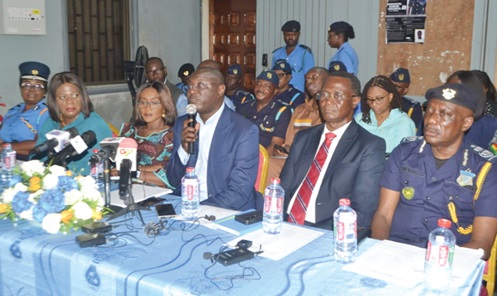  Dr Mohammed Amim Adam (3rd from right),  Minister of Finance, addressing staff of Customs Division at the Tema Port