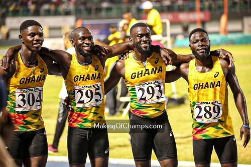 The relay team comprises Edwin Gadayi, Azamati, Solomon Hammond, and Joseph-Paul Amoah. They qualified for the final in 38.67 seconds.