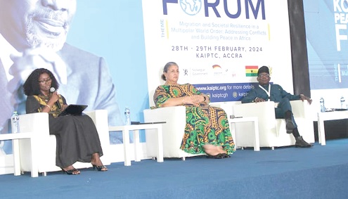 From left: Fatou Diallo Ndiaye, Chief of Mission, Ghana, Togo, and Benin, International Organisation for Migration;  Hanna Serwaah Tetteh, Special Envoy of UN Secretary-General for the Horn of Africa, and Dr Abdel-Fatau Musah, Commissioner, Political Affairs, Peace and Security, ECOWAS