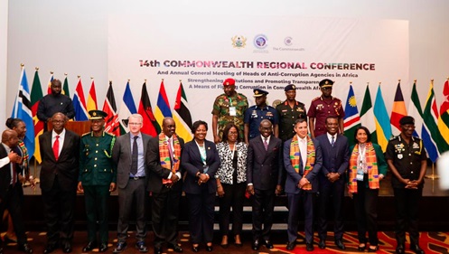 The participants in the conference. They include Godfred Yeboah Dame (5th from right), Kissi Agyebeng (3rd from right), Special Prosecutor; Dr Akuffo Dampare (right), IGP; Kwame Asuah Takyi (2nd from left), Comptroller-General, GIS; COP Maame Yaa Tiwaa Addo Danquah (5th from left), Head of EOCO, and some security chiefs