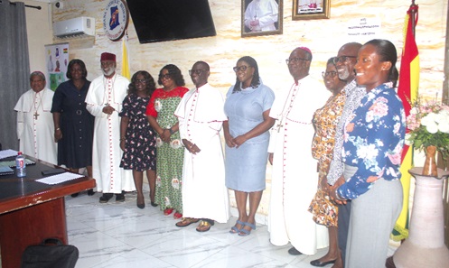Kathleen Addy (5th from right), Chairperson, NCCE, some bishops and members of the NCCE. Those with them include, Most Rev Matthew Gyanfi (6th from left), Bishop of Sunyani and President of the Ghana Catholic Bishops Conference. Picture: ESTHER ADJORKOR ADJEI