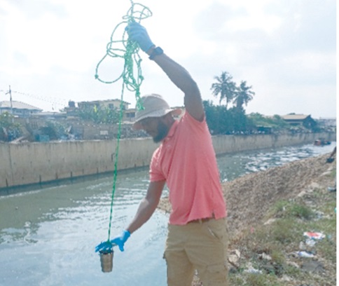 Water sampling process from the Odaw river Water sampling process from the Odaw river
