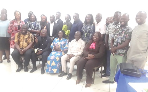 Prof. Naana Jane Opoku-Agyemang (arrowed), running mate to NDC Flag bearer, with some 2024 NDC Manifesto Committee members, STAR-Ghana staff and other participants after the meeting