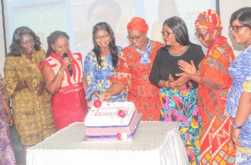 Jemilat J. Mahamah (middle), Secretary, WISTA International, with Aisha Abdul-Salam (3rd from left), Deputy Director of Administration, Ghana Maritime Authority, and other dignitaries cutting the cake to mark WISTA International 50 years and WISTA-Ghana 14 years anniversary.  Picture: ESTHER ADJORKOR ADJEI