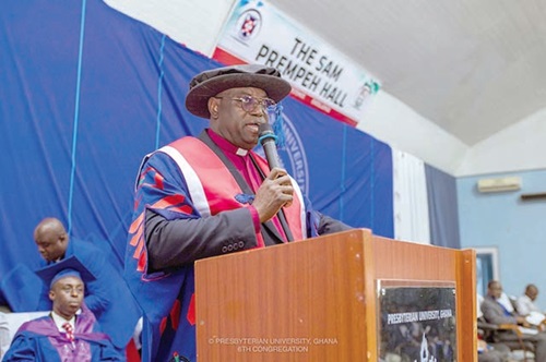 Rt Rev. Dr Nana Opare Kwakye (inset), Moderator of the PCG and Chancellor of the Presbyterian University, addressing the congregation 