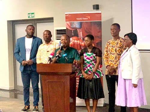 Kweku Quansah (3rd from left), Environmental and Sanitation Directorate of the Ministry of Sanitation and Water Resources, launching the competition. With him are Yaw Atta Arhin (2nd from left), Adjoa Gyakoa Appiah-Kubi (3rd from right), the 2023 Child Sanitation Diplomat