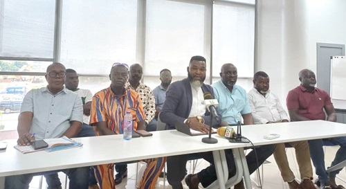 Francis Sallah (3rd from left), Deputy General Secretary, GTPCWU, addressing the media. With him are leaders from the various tanker operator unions