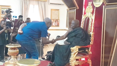 Kojo Oppong Nkrumah (middle), Minister of Works and Housing and his entourage inspecting a Fire Service Academy project at Kyebi. INSET:  Okyenhene Osagyefuo Amoatia Ofori Panin (seated) welcoming Kojo Oppong Nkrumah  to his  Ofori Panin Fie at Kyebi