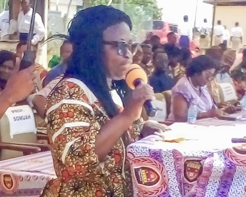 Dr Shine Ofori (left), headmistress of WASS, addressing the gathering (right)