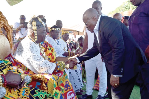 President Akufo-Addo exchanging greetings with Togbi Sri III (left), Awoamefia of Anlo