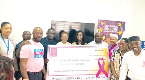 ELinda Stevens Gorman (3rd from right), co-founder of Gorman Nova Pathways, and Dr Alfred Gorman (2nd from right) presenting the cheque to Nadia Zangwio (2nd from left), Hospital Director of Euracare Euracare Advanced Diagnostic and Heart Centre, and other managers at the hospital