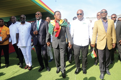 Apostle Eric Nyamekye (3rd from left), Chairman, Ghana Pentecostal and Charismatic Churches; former President John Dramani Mahama (2nd from right), NDC presidential candidate; Dr Matthew Opoku Prempeh (2nd from left), Running Mate, NPP; Titus Glover (left), Greater Accra Regional Minister, and Nana Ohene Ntow (right), Senior Advisor to Alan Kyerematen, presidential candidate, Movement for Change, at the 2024 Peace Campaign launched in Accra. Picture: SAMUEL TEI ADANO