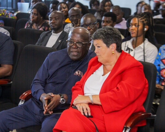 Sir Sam Jonah (L) and Virginia E. Palmer, the American Ambassador to Ghana at the Graphic National Development Series on Tuesday