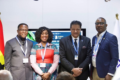  Noah Gyimah (left), Chief Investment and Innovations Officer, Jospong Group of Companies;  Mostafa Sherbiny (2nd from right), European Climate Pact Ambassador to Egypt; Onimole Mobolaji Adebowale (right), Director, Development Partnership Department of the Ministry of Economic Planning and Budget, Nigeria, and Dr Abena Asomaning Antwi (2nd from left), Managing Director, Africa Environmental Sanitation Consult, at the programme in Azerbaijan