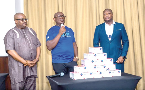  Emmanuel Mantey (middle), CEO of Panacea Pharmacy, Prof. Ernest Yorke (right) and Dr Nana Yaw Ampiah declaring GLIKIT launched at the event