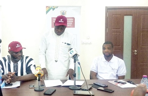 Yidana Zakaria, North East Regional Minister, addressing the media. Looking on is Samuel Agyarko Larbi (right), SOCO Zonal Coordinator for Upper East and North-East regions