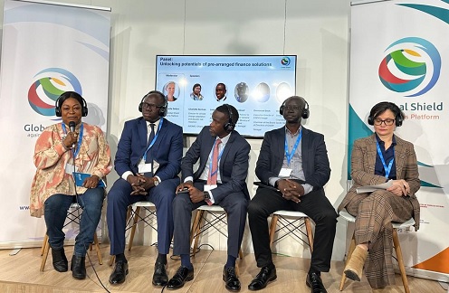 From Left: Charlotte Norman, Director for Climate Change Adaptation and Disaster Risk Reduction at NADMO, Lesley Ndlovu, CEO of ARC, Babacar Diouf, Technical Advisor to Senegal Minister of Finance,  ⁠Emmanuel Seck, Executive Director  of ENDA Senegal, and Veronica Scotti, Swiss Re Public Sector Solutions