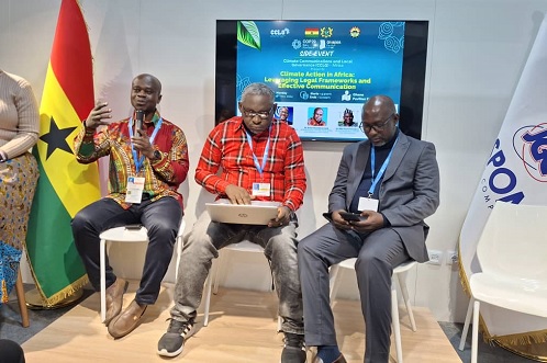  Dr Antwi-Boasiako Amoah (left), Director of Climate Vulnerabilities and Adaptation at the Environmental Protection Agency, speaking during the panel discussion. With him are Dr Mike David Terungwa (middle), the Africa Coordinator, Climate Civic International, and Kofi Don-Agor, the President, Climate Communications and Local Governance-Africa