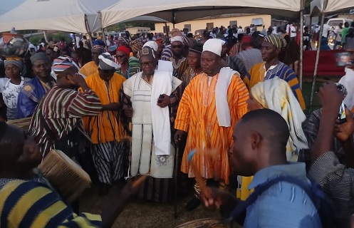 Naa Usumanu Adams (arrowed), Eastern Region Dagomba Chief, together with other revellers exhibiting their dancing skills