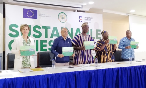  Camille Le Jean (left), Head of Urban Development and Circular Economy Unit for Expertise France; Irchad Razaaly (2nd from left), EU Ambassador to Ghana; Shani Alhassan Shaibu (3rd from left), Northern Regional Minister, and Yidana Zakaria (2nd from right), North East Regional Minister, launching the project