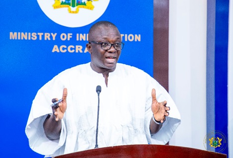 Dr Bryan Acheampong (left), Minister of Food and Agriculture, addressing the press in Accra
