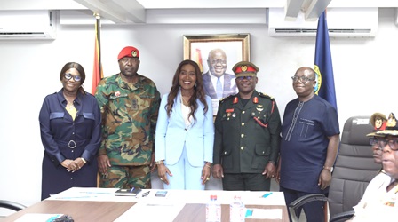Lieutenant General Thomas Oppong Peprah (2nd from right), Chief of Defence Staff, Ghana Armed Forces, Julie Essiam (middle), Commissioner-General, Ghana Revenue Authority; Brigadier General Zibrim Ayorrogo (2nd from left), Commissioner, Customs Division, and two other top management members from GRA. Picture: BENEDICT OBUOBI