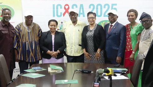 Dr David Pagwesese Parirenyatwa (4th from left), President, International Conference on AIDS and STIs in Africa, with other dignitaries at the  media briefing. Picture: ELVIS NII NOI DOWUONA