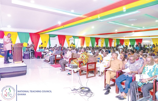 Prof. Kingsley Nyarko (extreme left), Deputy Minister of Education in charge of TVET, speaking during the opening of the three-day Ghana Teacher Prize ceremony in Kumasi