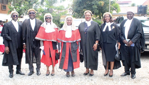 Justice Gertrude Sackey Torkornoo (middle), Chief Justice; Diana Asonaba Dapaah (3rd from right), a Deputy Attorney-General and Minister of Justice, and Justice Mariama Owusu (3rd from left), Justice of the Supreme Court, with some senior members of the Bar. Picture: ESTHER ADJORKOR ADJEI 