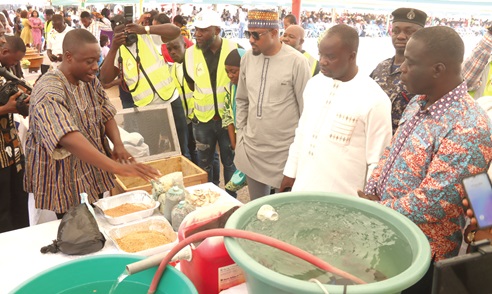 Enyo Sunu-Attah (left), a beneficiary of the Job and Entrepreneurship Fair, explaining a recylcing fish farming system to Ignatius Baffour Awuah (right), Minister of Employment and Labour Relations, and some dignitaries. Picture: ELVIS NII NOI DOWUONA 
