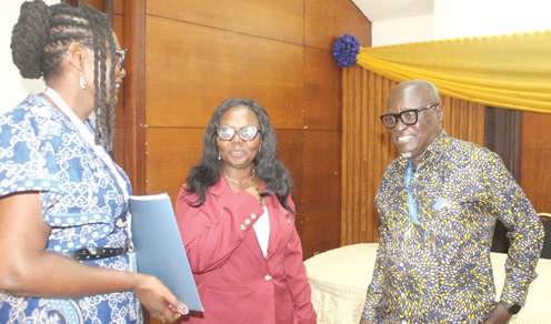 Prof. George Enyimah Armah (right), Head, West Africa WHO Regional Rotavirus Reference Laboratory, Ghana, interacting with Prof. Dorothy Yeboah-Manu (2nd from right), Director, Noguchi Memorial Institute for Medical Research, and Prof. Anita Ghansah (left), Head of Parasitology Department, NMIMR.  Picture: ESTHER ADJORKOR ADJEI 