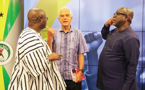 Prof. Amin Alhassan (left), Director-General, Ghana Broadcasting Corporation, in an interaction with Prof. Guy Burger (middle), Distinguished Fellow, RIA, and Emeritus Prof. Rhodes University, and George Sarpong,  Executive Secretary, NMC. Picture: CALEB VANDERPUYE