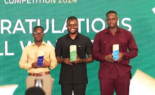 Joel Jojo Osam Mensah (middle), winner of the third EDGE Design Students Competition, with Dinko Abdul-Nasir Mor-Tumah (right), who earned the second position, and Emmanuel Amadu, who secured the third spot