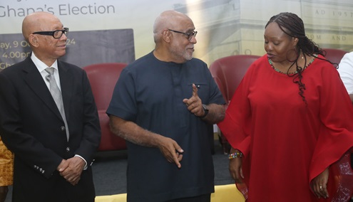 Charles Abani (middle), UN Resident Coordinator, interacting with Dr Nana Asantewaa Afadzinu (right), Executive Director, West Africa Civil Society Institute, at the WACSI Policy Dialogue on the 2024 Elections in Accra. With them is Justice Emile Francis Short, former Commissioner of CHRAJ. Picture: SAMUEL TEI ADANO
