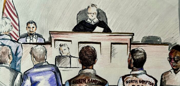 The preliminary hearing of the three out of four former students charged with allegedly falsifying transcripts was held on Oct. 8 at Northampton County Courthouse. Evans Oppong, left, Henry Dabuo, middle, and Otis Opoku, right corner, are illustrated sitting at the defense table. (Illustrated by Marcella Rodio)