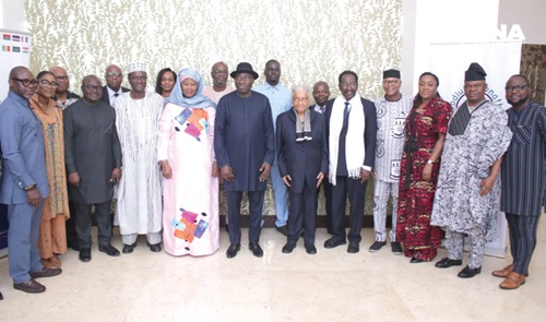  Dr Goodluck Jonathan (middle), Chairman of the West Elders Forum, with other members of the organisation at their meeting in Accra
