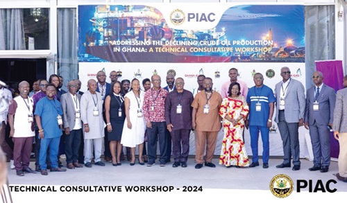 Constantine Kudzedzi (right), Emerita Prof. Elizabeth Ardayfio-Schandorf (4th from right), Chairperson of PIAC; John Kobina Abbam Aboah Sanie (3rd from right), Deputy Minister of Energy; Dr Thomas Kofi Manu (2nd from right), a former Deputy CEO, GNPC; Nana Kwaku Dei (4th from left), Nkosuohene of Pakro, near Nsawam in the Eastern Region, and other participants in the workshop