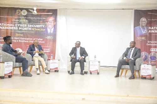 Alhaji Sherrif Issah (right), Director of Information Security &amp; Data Protection, lIPGH; Dr Edward Ansong (2nd from right), Senior Lecturer, Department of Computer Science, University of Ghana, and George Babafemi (2nd from left), Fintech Consultant and Board Member, eTranzact Ghana Limited, making contributions during a panel discussion. Picture: CALEB VANDERPUYE 