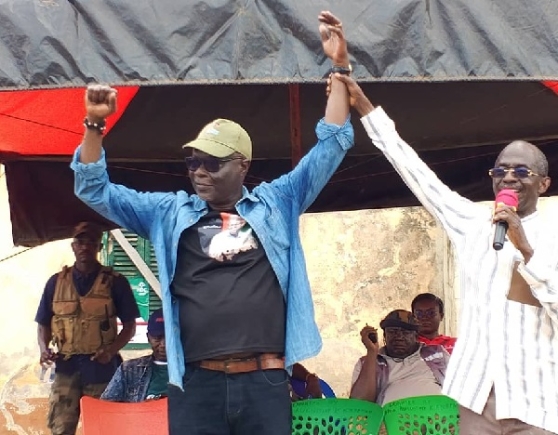 Johnson Asiedu Nketiah (right), National Chairman of the NDC, introducing Vincent Oppong Asamoah, NDC Parliamentary Candidate for the Dormaa West