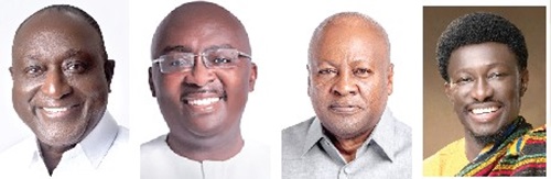 Alan Kyerematen — Independent Presidental Candidate and leader of Movement for Change, Dr Mahamudu Bawumia — NPP Presidential Candidate, John Mahama — NDC Presidential Candidate,  Nana Kwame Bediako — Independent Presidental Candidate and leader of New Force Movement