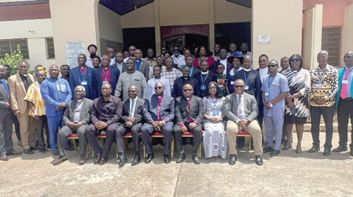  Rt. Rev. Dr Abraham Nana Opare Kwakye (arrowed), Moderator of the PCG, Rev. Dr Godwin Nii Noi Odonkor (seated 3rd from right), Clerk of the PCG, and Rebecca Teiko Sarbah (2nd from right), Director of Development of Social Services