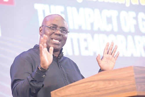  Dr Richard Ampofo Boadu (inset), Administrator, GETFund, speaking at the stakeholders forum in Accra. Picture SAMUEL TEI ADANO