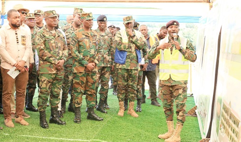  Major Frederick Selorm Khako (right), Engineer Officer, Directorate of Engineer Services, Ghana Armed Forces explaining the phases of the project to Major General BK Onwona (2nd from left), Chief of Army Staff, Ghana Armed Forces and his entourage. Picture: Benedict Obuobi
