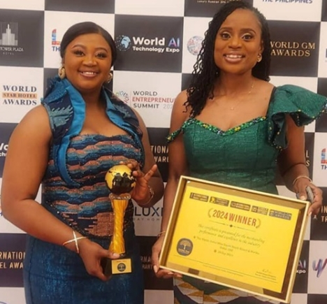 Jane Gyimah-Amoako(left), Executive Manager - Sales, Marketing & Business Development and Lolita Fiadjoe (right), Rooms Division Manager, Tang palace Hotel with an award trophy and a citation. Jane Gyimah-Amoako(left), Executive Manager - Sales, Marketing & Business Development and Lolita Fiadjoe (right), Rooms Division Manager, Tang palace Hotel with an award trophy and a citation.
