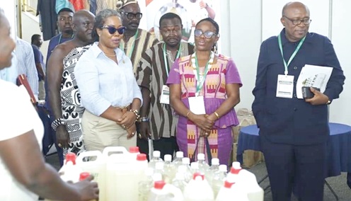  Dr Akorfa Ahiafor (2nd from right), CEO, JIREH Micro-Finance; Paul Siameh (right), Chief Director, Ministry of Food and Agriculture; and Dr Afua Asabea Asare (3rd from right), CEO, GEPA, touring the exhibition at the Ghana International Coconut Festival