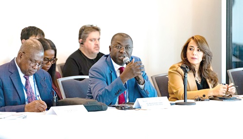 Dr Mohammed Amin Adam (middle), Minister of Finance, addressing the roundtable. With him are Albert M. Muchanga (left), AU Commissioner for Trade and Industry, and Dr Hanan Morsy (right), Director, AfDB 