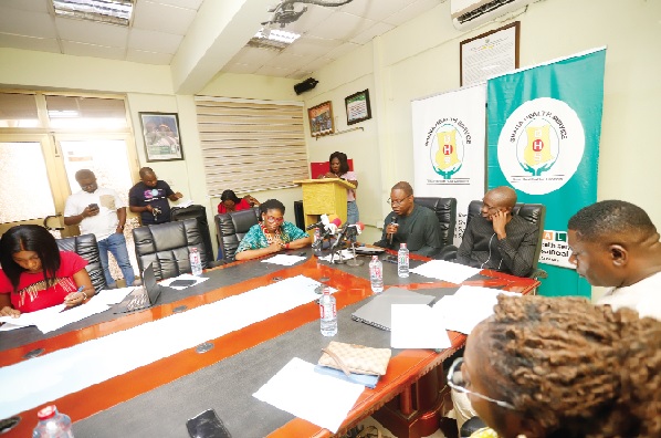 Dr Patrick Kuma-Aboagye (3rd from right), Director-General, GHS, addressing participants during the media briefing. Picture: EDNA SALVO KOTEY 