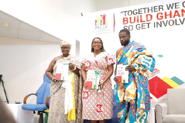 Kathleen Addy (2nd from right), chairperson, National Commission for Civic Education; Nii Boi Kakadann II (right), Ga State Akwashon Mantse &amp; Asere Akwashontse, and Manye Naa Badu Adiagba I, Queenmother of Abelenkpe and Dzorwulu, launching the report. Picture: EDNA SALVO KOTEY