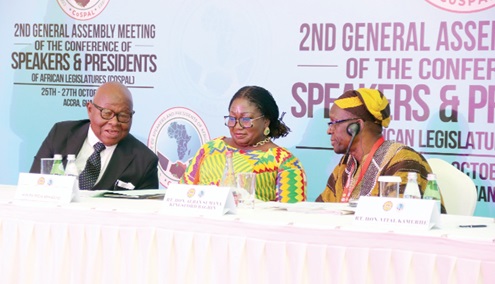  Prof. Aaron Michael Oquaye (left), a former Speaker of Parliament, interacting with Alban Sumana Kingsford Bagbin (right), Speaker of the Parliament of Ghana and President of CoSPAL, and Patricia Appiagyei (middle), Deputy Majority Leader of Parliament. Picture: ELVIS NII NOI DOWUONA 